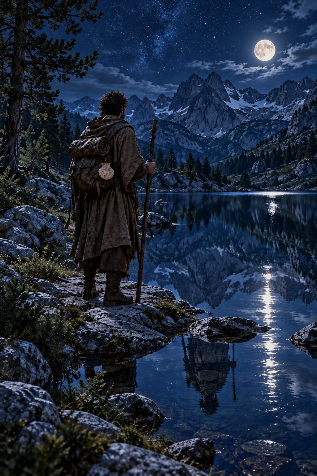 The pilgrim on the rocky shore of a still mountain lake, his reflection mirrored in the moonlit water